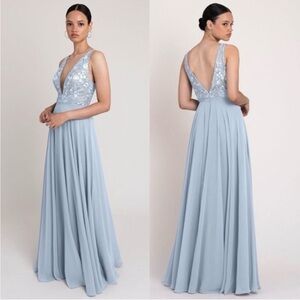 Jenny Yoo Kingsley Elegant Light Blue V-Neck Evening Dress